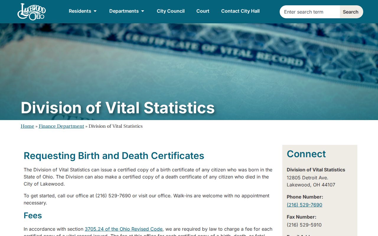 Lakewood residents directory vital statistics office record request