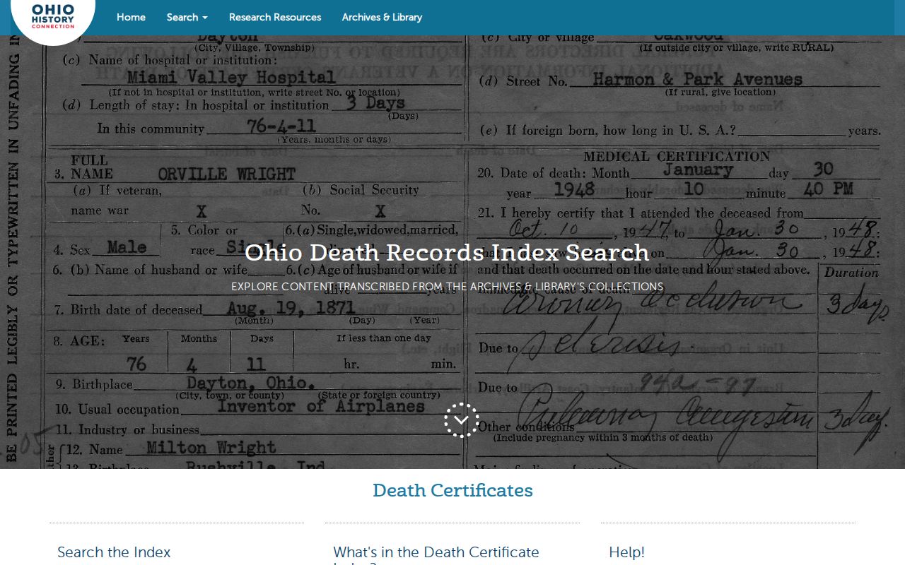 Lakewood previous residents view of Ohio History Connection Death Record Index