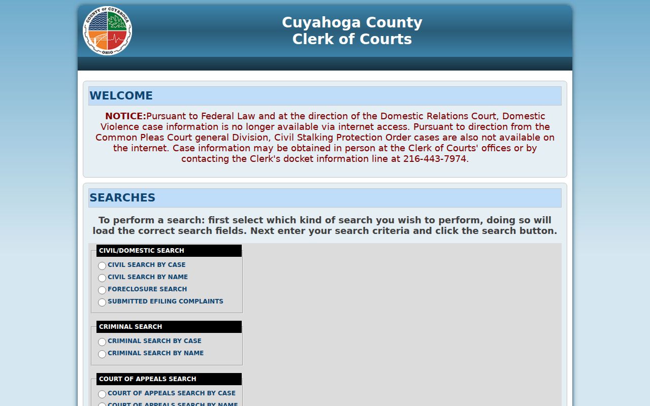Lakewood resident lookup view of Cuyahoga Common Pleas docket search