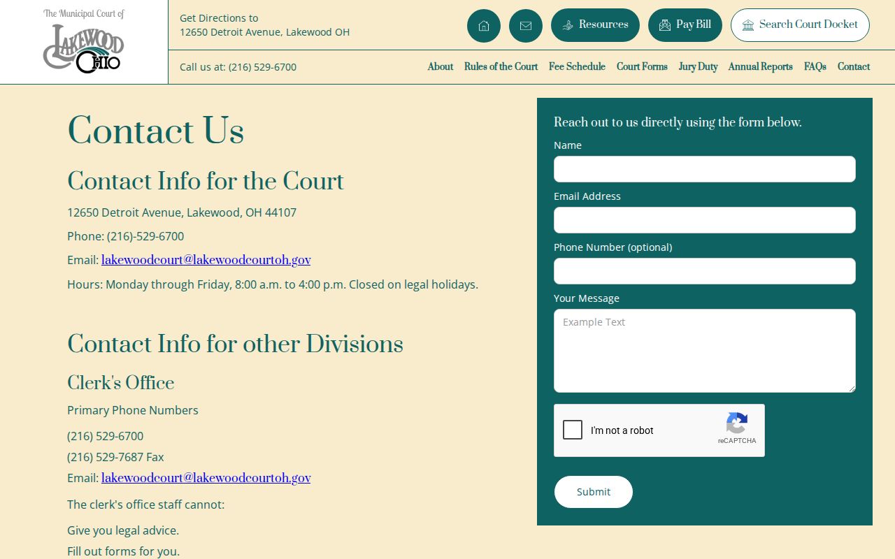 Lakewood resident lookup view of Municipal Court clerk contacts