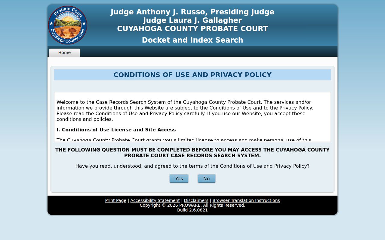 Lakewood resident lookup view of Cuyahoga Probate docket search